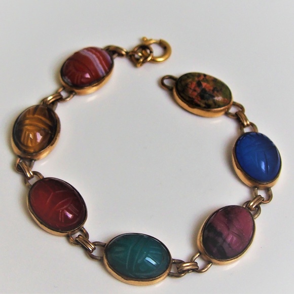 Vintage Jewelry - VTG 12k Gold Filled SEVEN Beetle Scarabs Bracelet